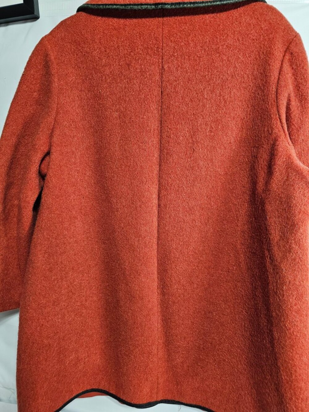 Vintage Davis of Boston Wool Coat — Burnt Orange, Black Leather Trim, 60s/70s